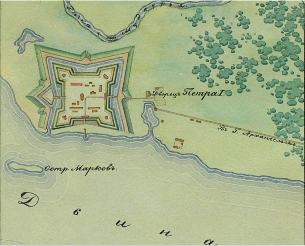 На карте рядом с крепостью отображен Дворец Петра I