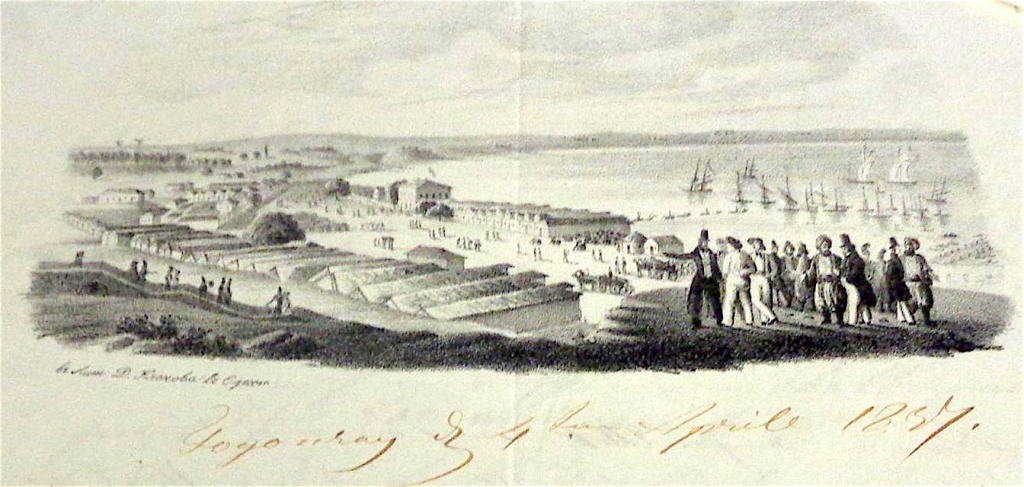 Вид на крепость, пристань и биржу Таганрога, 1837 г.